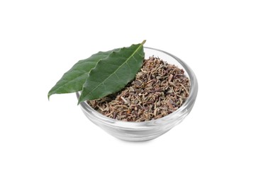 Photo of Bowl with different spices and fresh bay leaves on white background