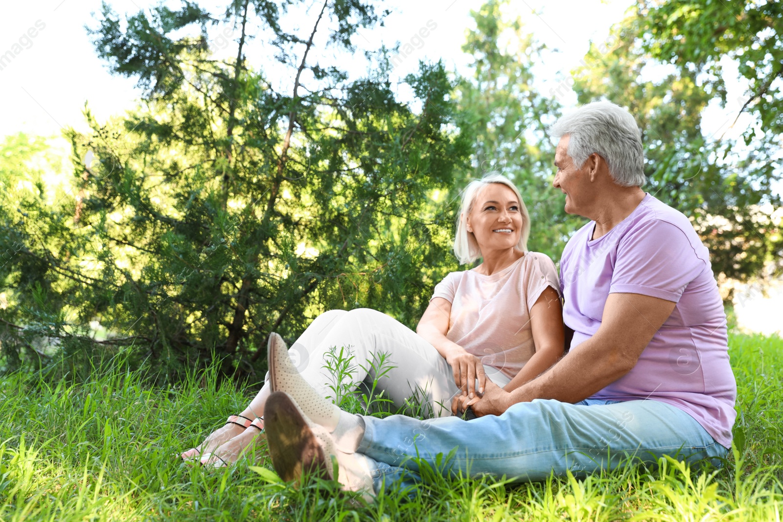 Photo of Portrait of affectionate senior couple in park. Space for text