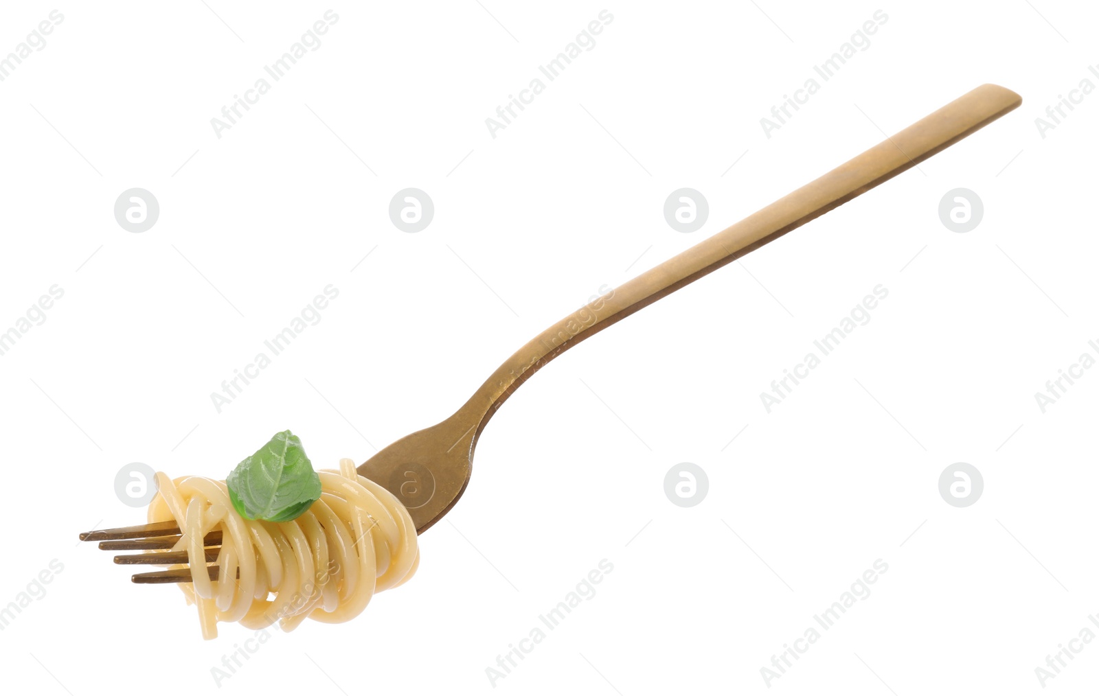 Photo of Fork with tasty pasta and basil isolated on white