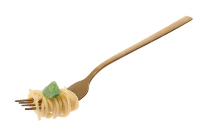 Photo of Fork with tasty pasta and basil isolated on white