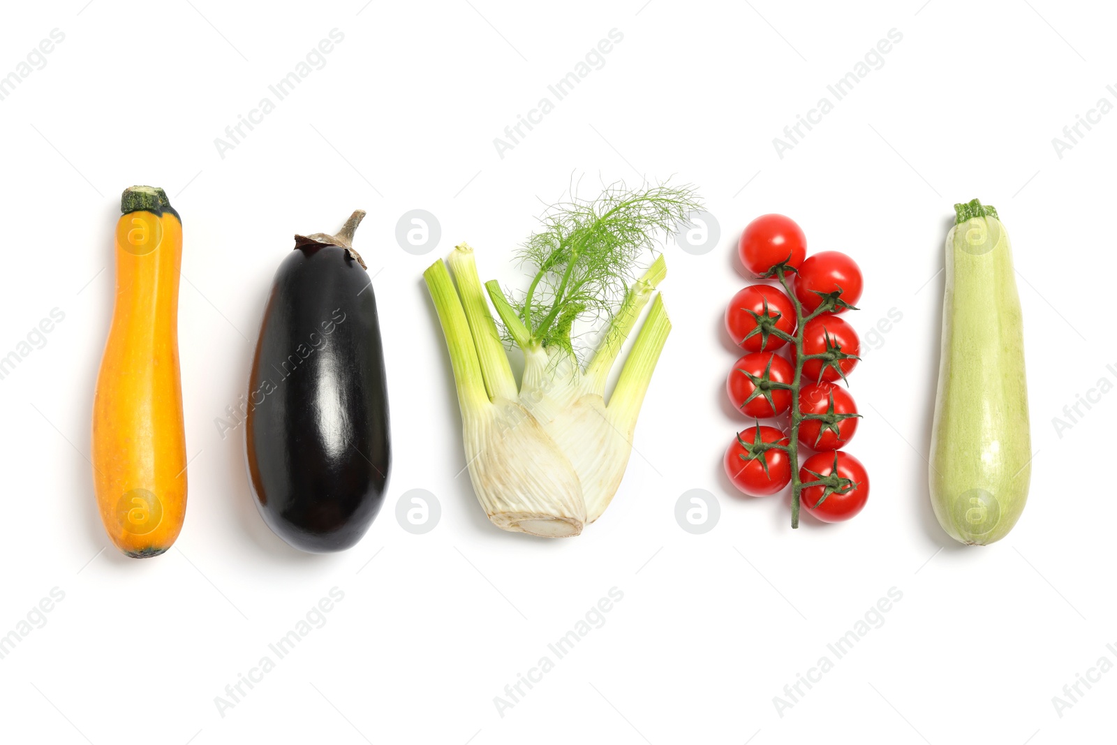 Photo of Many different fresh vegetables on white background, top view