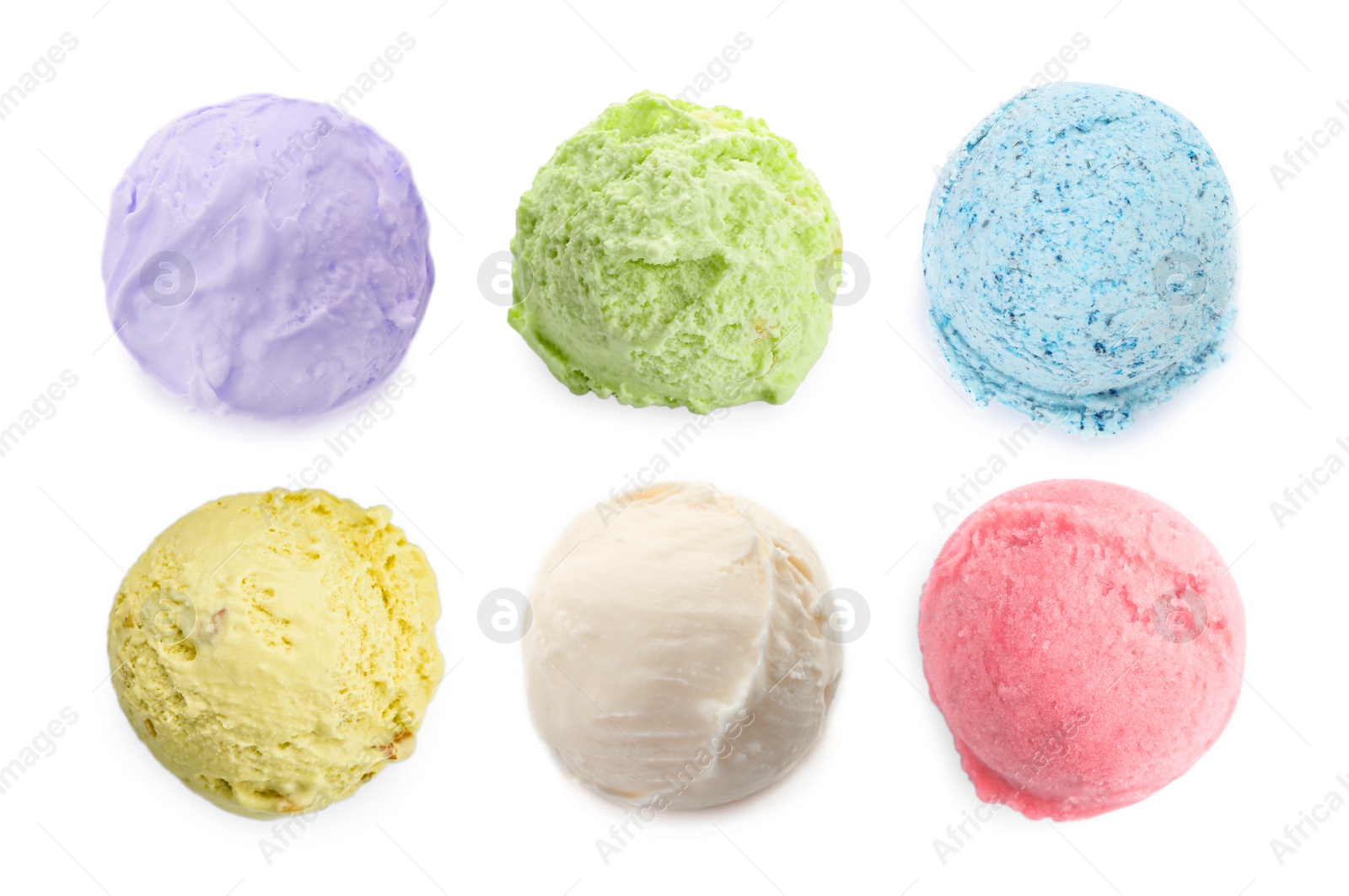 Image of Set with scoops of different ice creams on white background