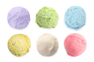 Set with scoops of different ice creams on white background