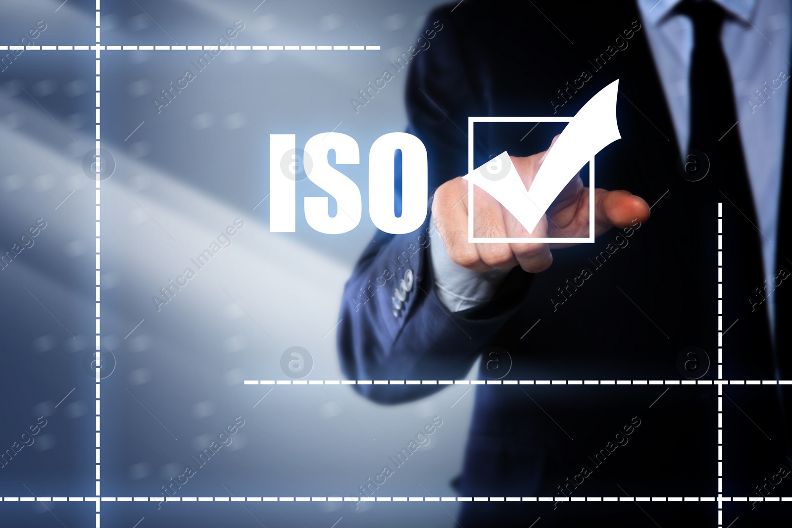 Image of Man pointing at virtual screen with abbreviation ISO, closeup