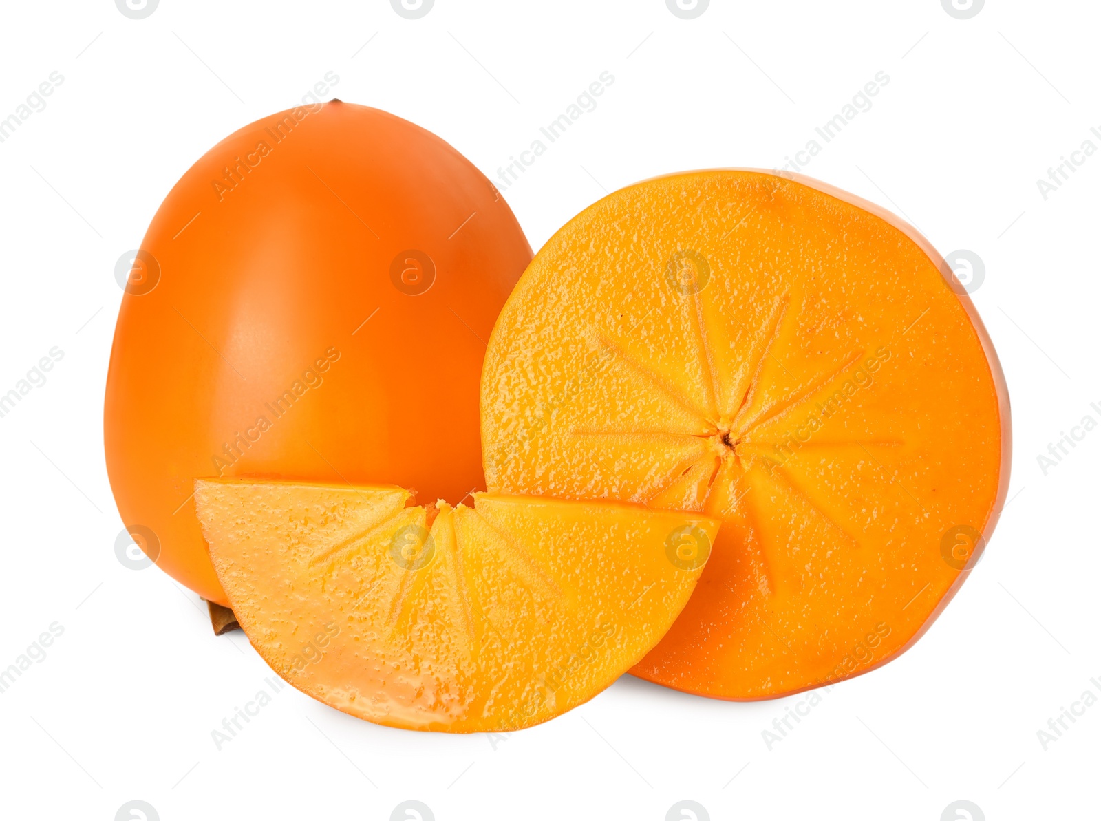 Photo of Whole and cut delicious ripe juicy persimmons on white background