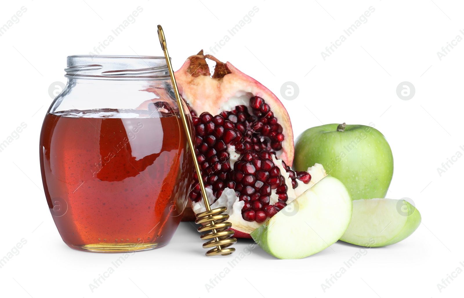 Photo of Honey, apples and pomegranate on white background. Rosh Hashanah holiday