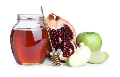 Honey, apples and pomegranate on white background. Rosh Hashanah holiday