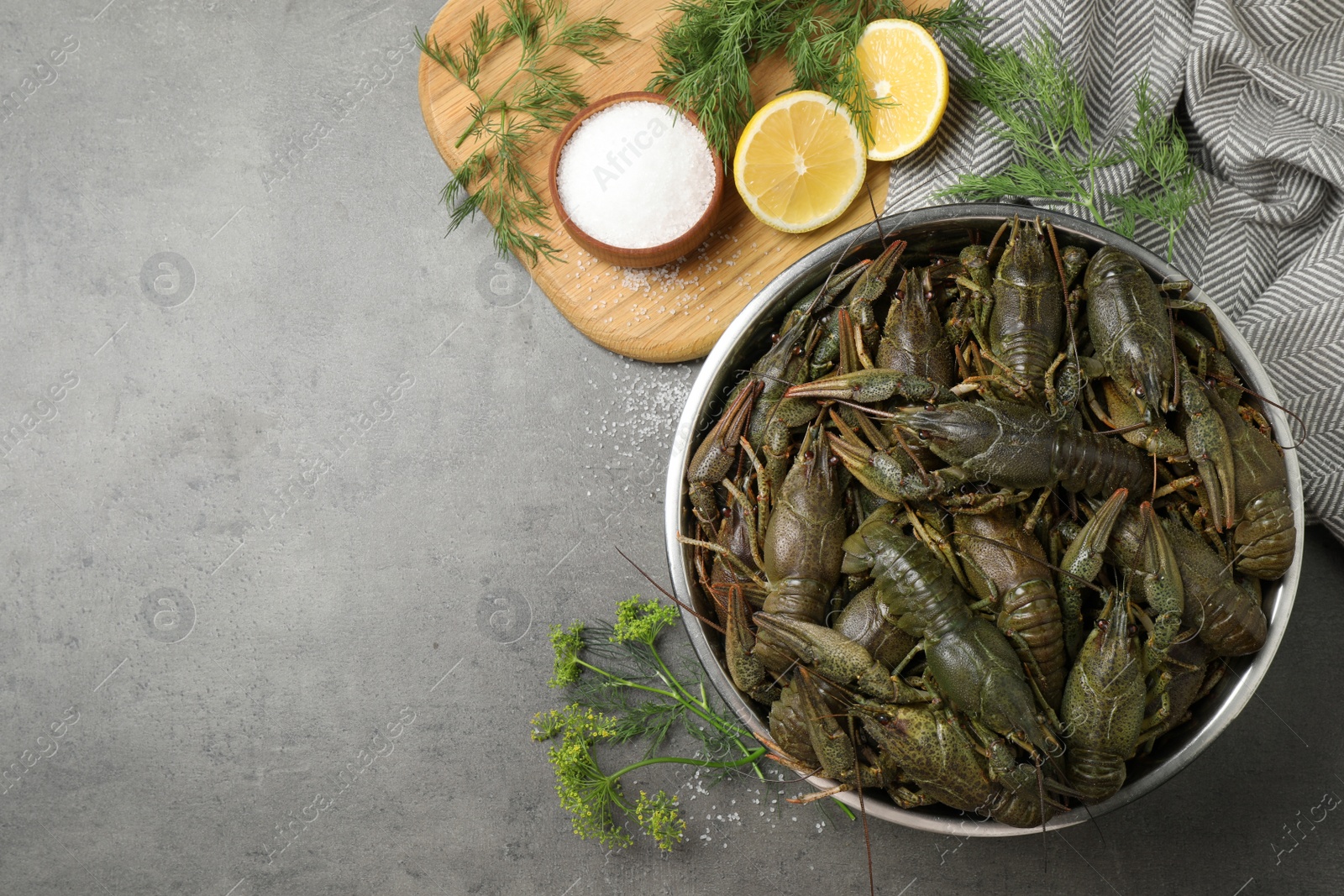 Photo of Fresh raw crayfishes, dill and lemon on grey table, flat lay. Space for text