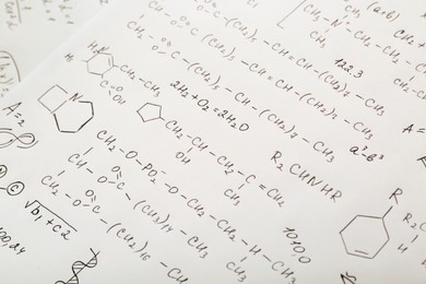 Photo of Sheet of paper with different chemical formulas, closeup