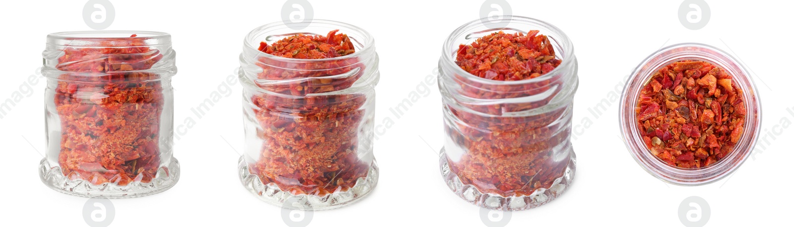 Image of Aromatic spices, set of different angles. Red chili pepper flakes in glass jars on white background