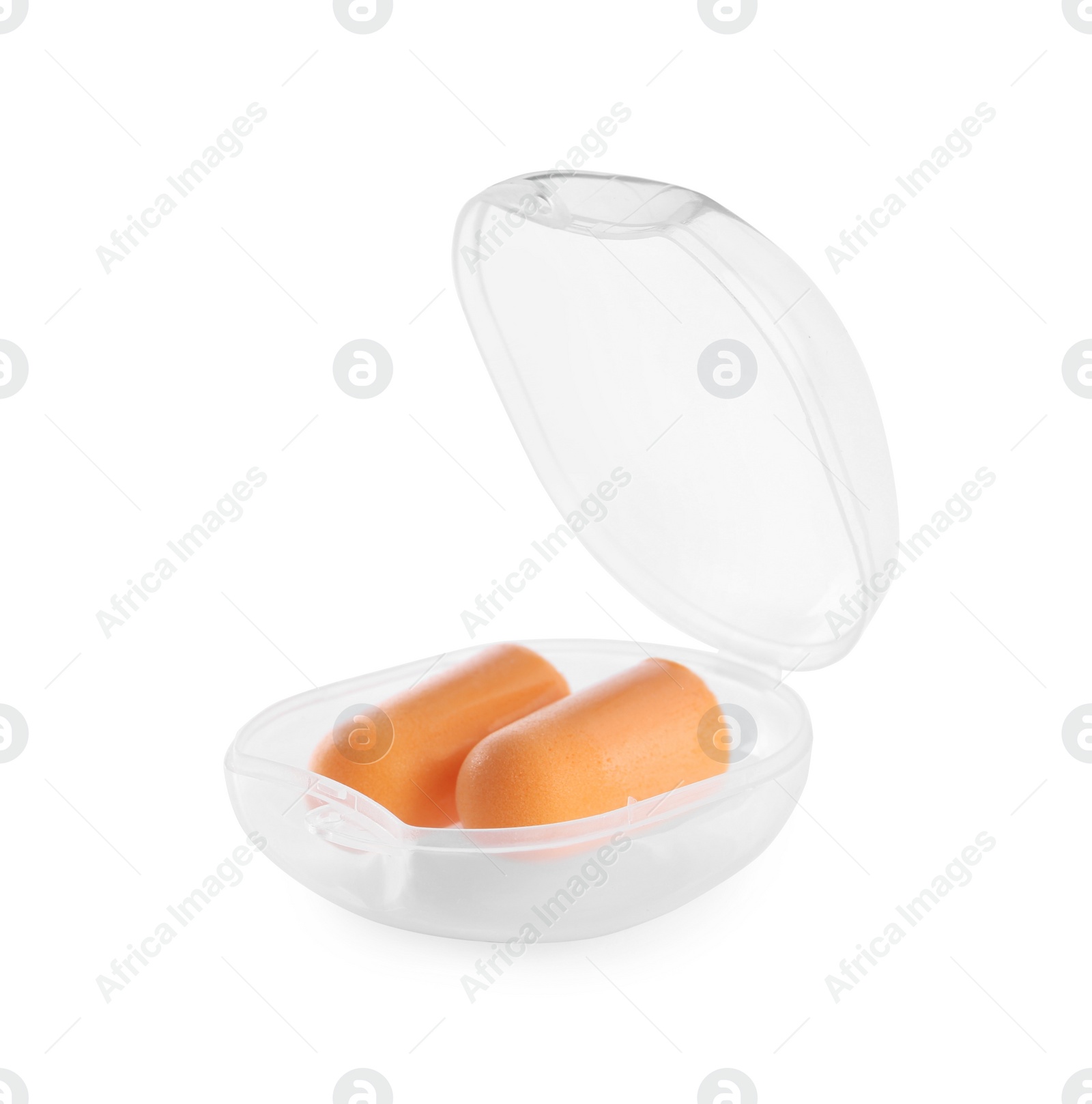 Photo of Transparent plastic case with orange ear plugs isolated on white