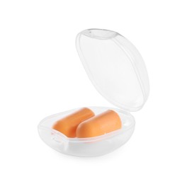 Photo of Transparent plastic case with orange ear plugs isolated on white