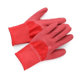Photo of Pair of red gardening gloves isolated on white, top view
