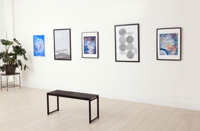 Photo of Bench and beautiful paintings in art gallery