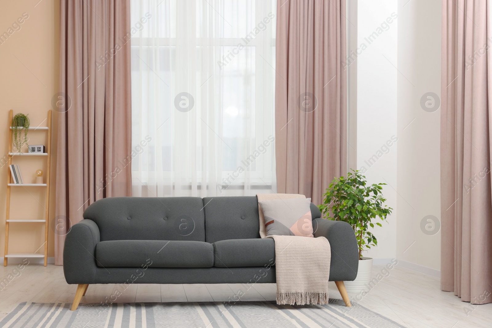 Photo of Stylish living room interior with cozy sofa, houseplant and elegant curtains