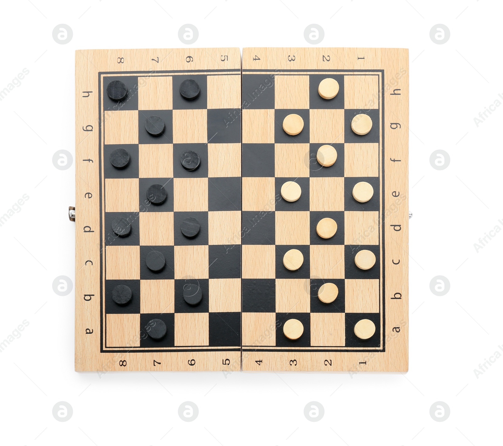 Photo of Wooden checkerboard with game pieces isolated on white, top view