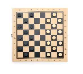 Photo of Wooden checkerboard with game pieces isolated on white, top view