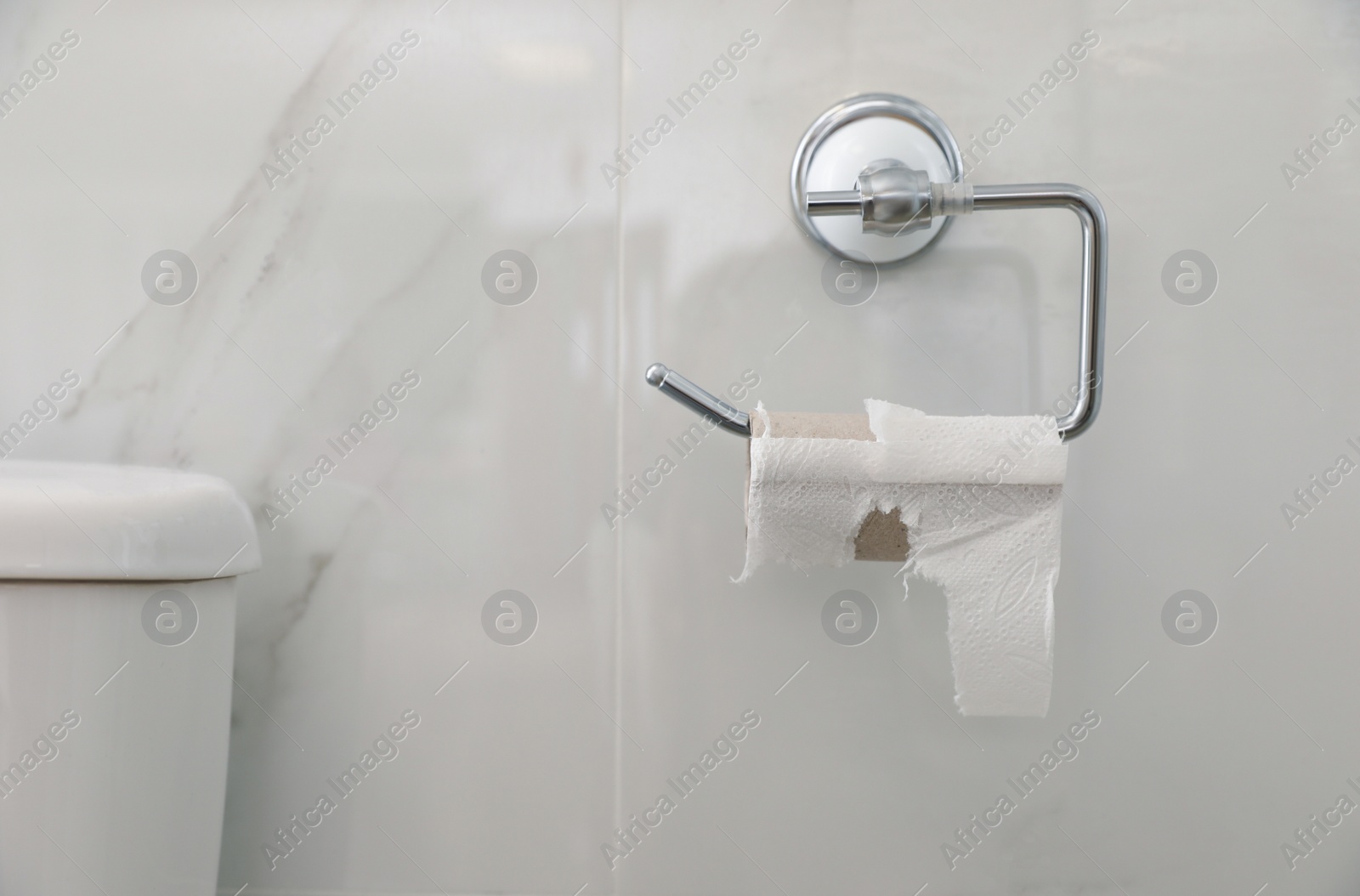 Photo of Holder with empty paper roll near toilet tank indoors