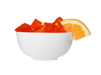 Bowl with tasty jelly cubes isolated on white