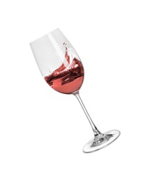 Photo of Glass with tasty dark rose wine isolated on white