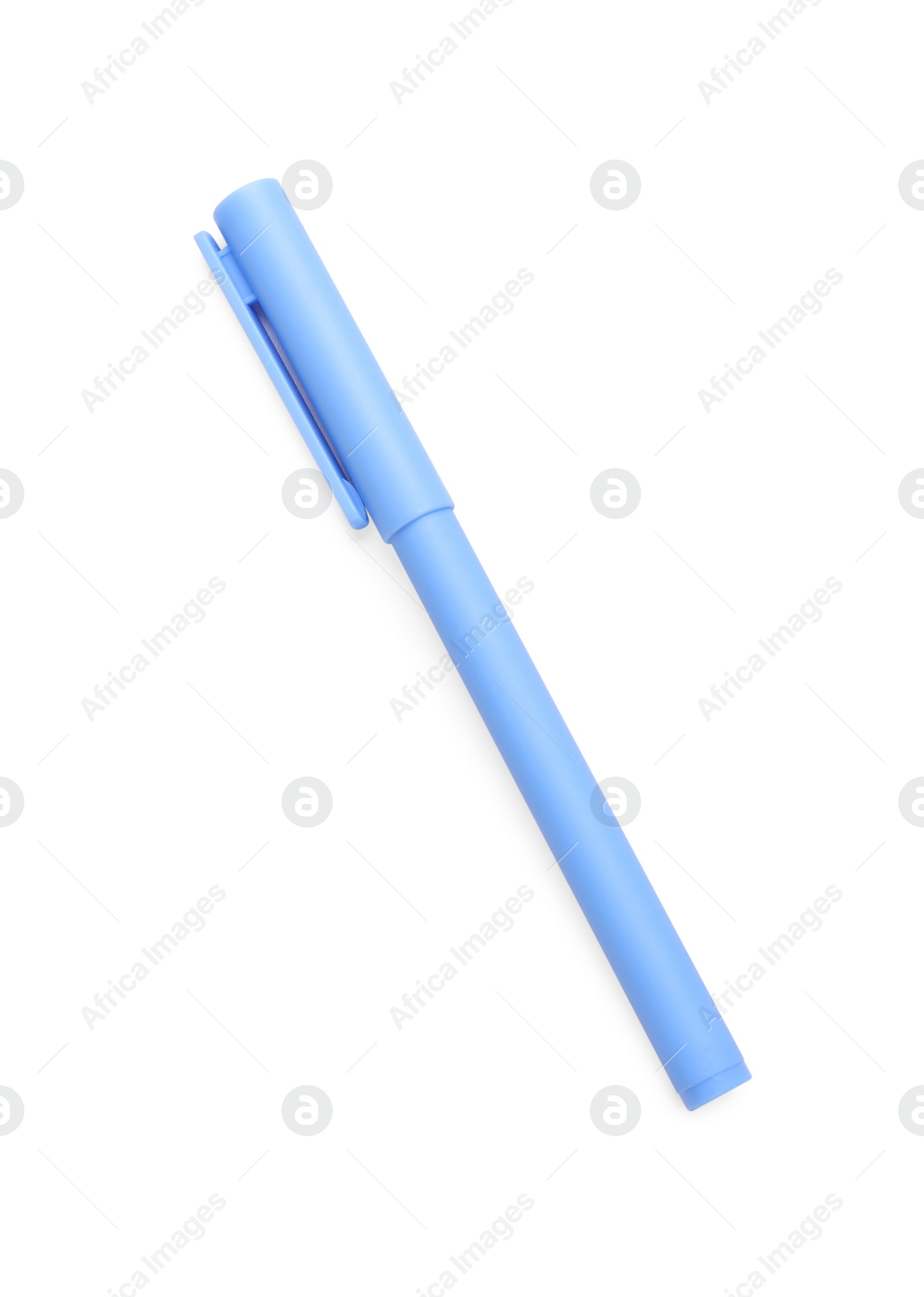 Photo of One light blue marker on white background, top view