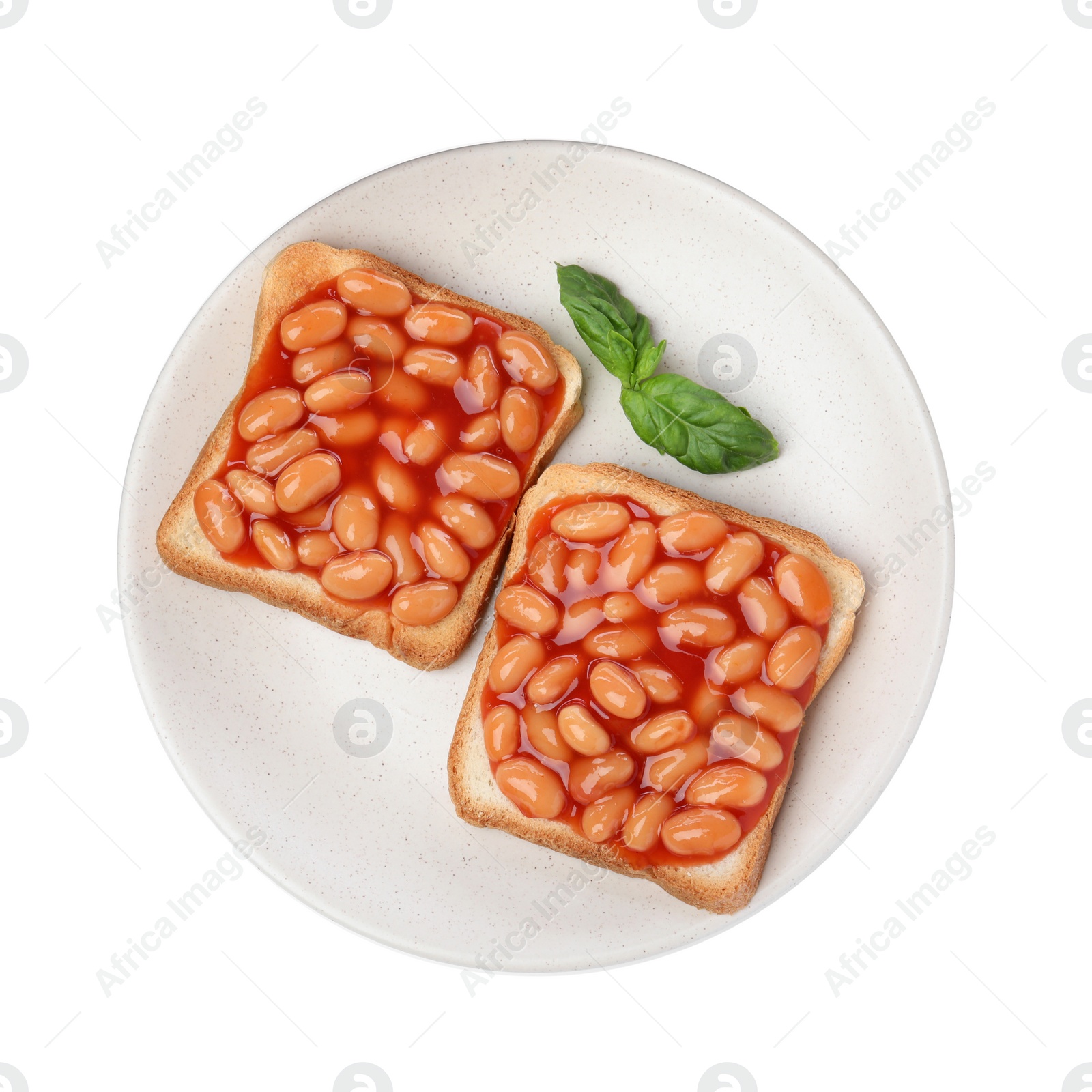 Photo of Delicious bread slices with baked beans on white background, top view