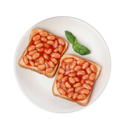 Delicious bread slices with baked beans on white background, top view