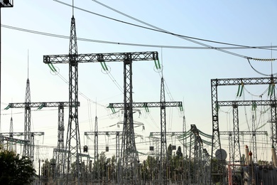 Modern electrical substation outdoors on sunny day