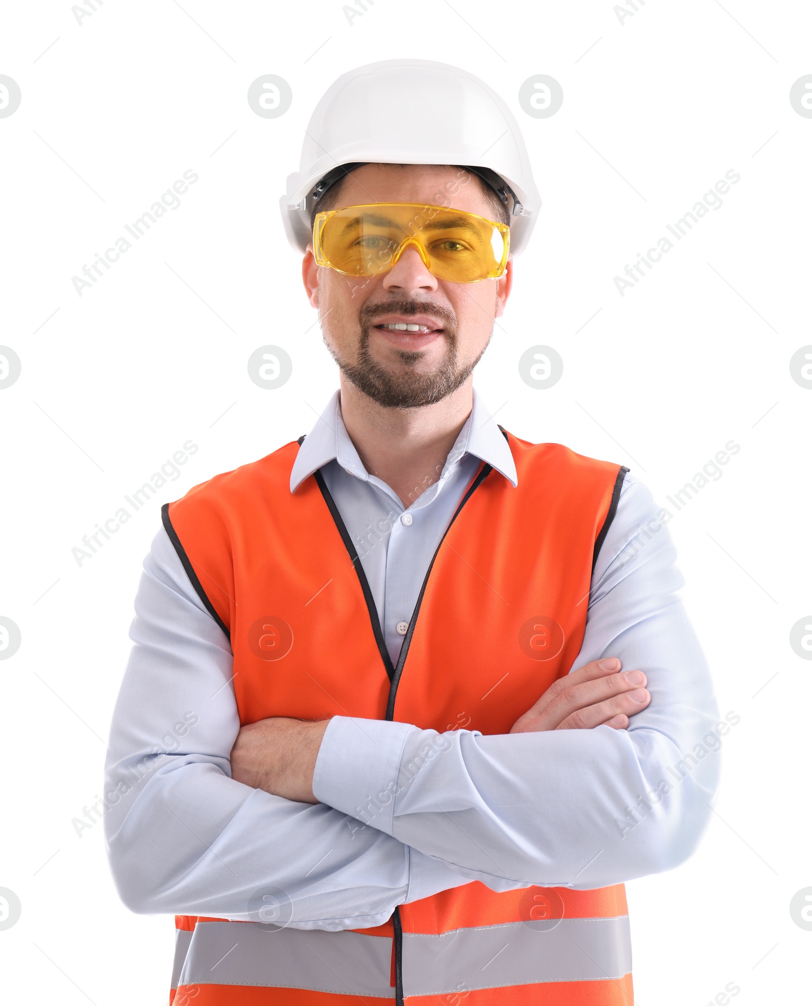 Photo of Male industrial engineer in uniform on white background. Safety equipment