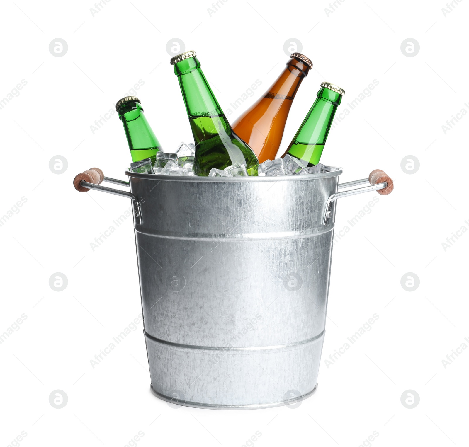 Photo of Metal bucket with bottles of beer and ice cubes isolated on white