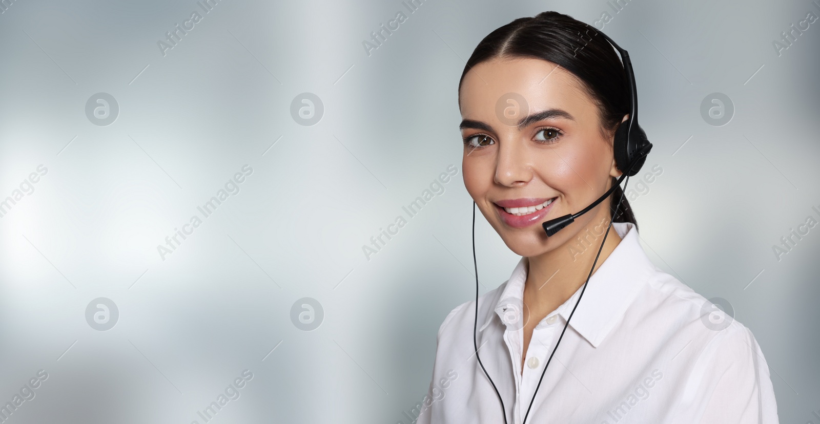 Image of Hotline operator with headset in office, space for text. Banner design