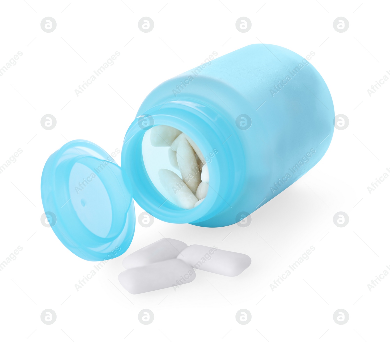 Photo of Light blue jar with chewing gums on white background