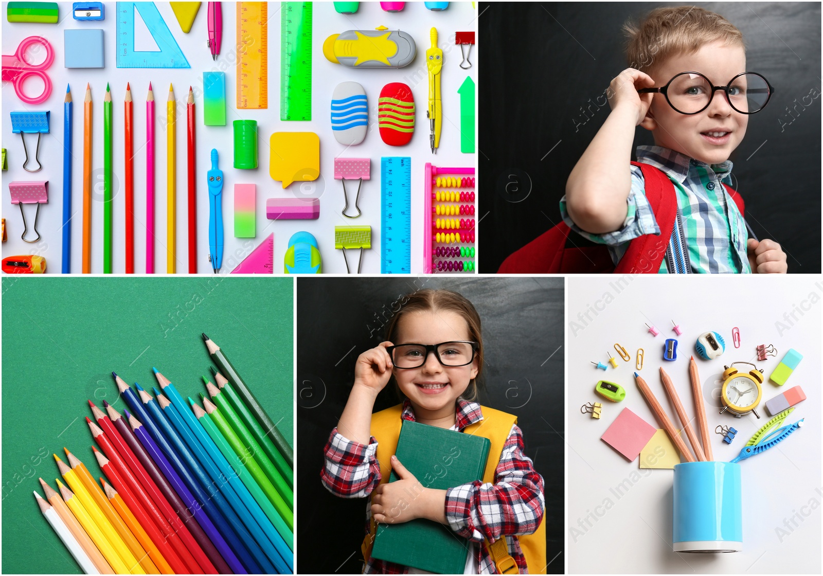 Image of Collage with photos of cute children and different stationery. Back to school