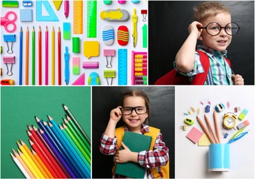 Collage with photos of cute children and different stationery. Back to school