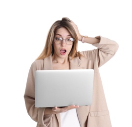 Portrait of surprised young woman in office wear with laptop on white background