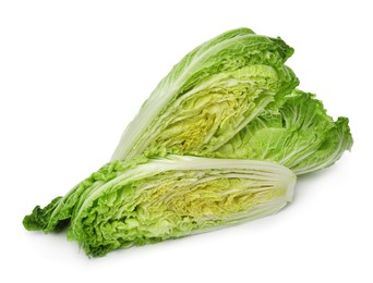 Photo of Cut fresh ripe Chinese cabbages on white background