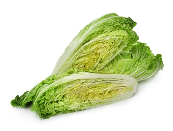 Cut fresh ripe Chinese cabbages on white background