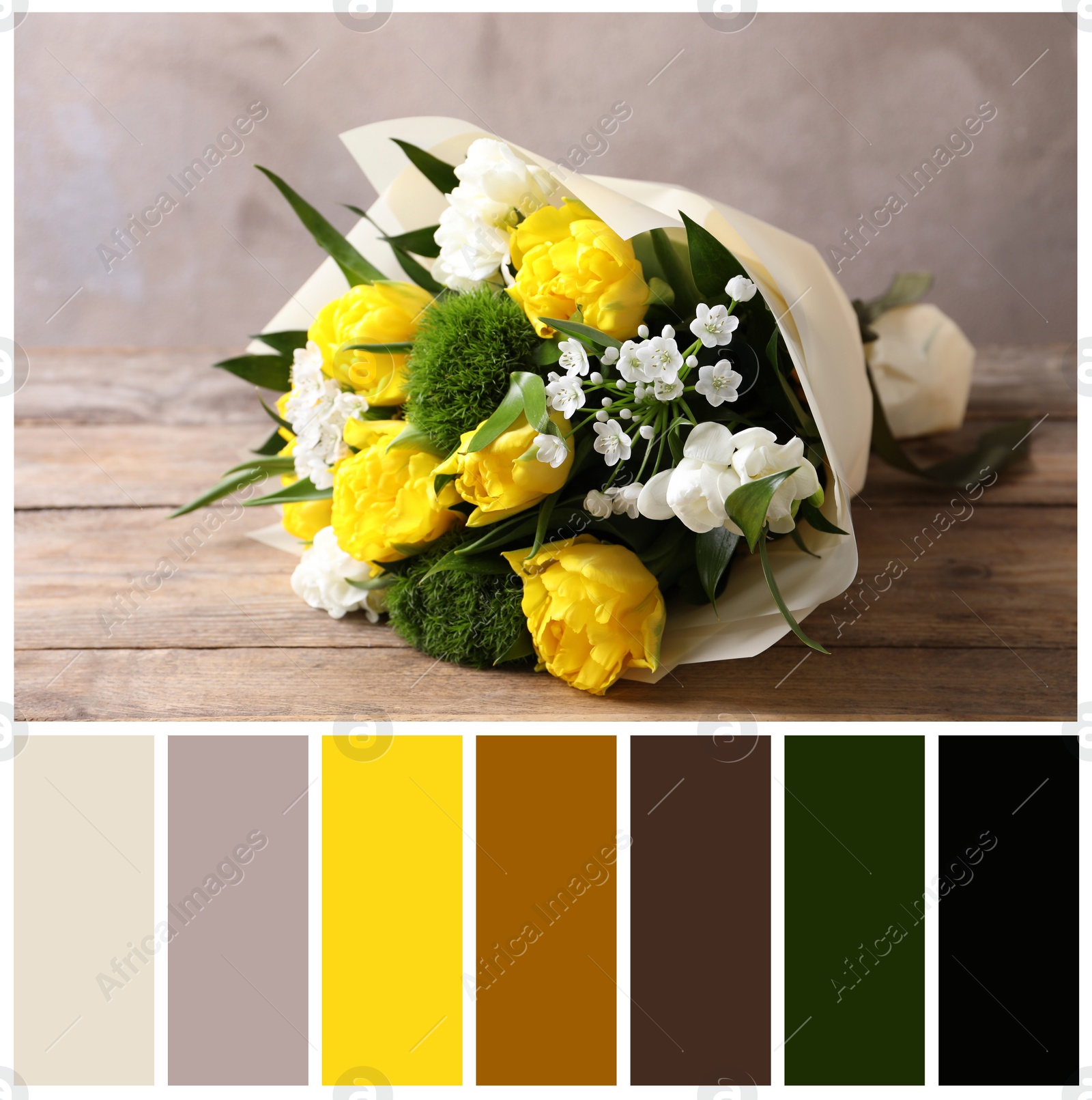 Image of Beautiful bouquet with peony tulips on wooden table and color palette. Collage