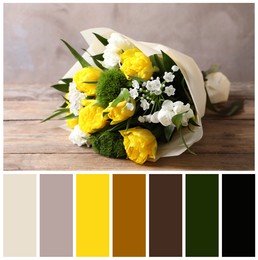 Beautiful bouquet with peony tulips on wooden table and color palette. Collage