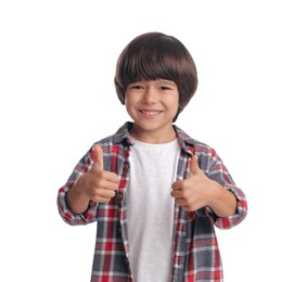 Portrait of cute little boy on white background