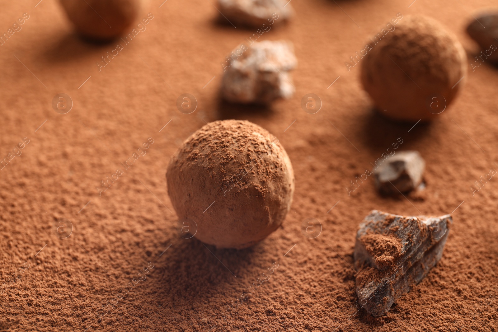 Photo of Tasty raw chocolate truffles on cocoa powder, closeup