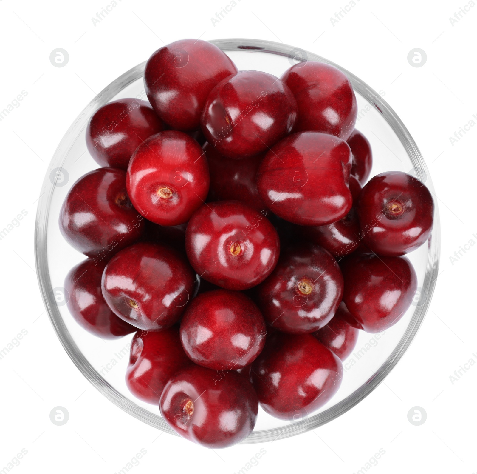 Photo of Tasty ripe red cherries in glass bowl isolated on white, top view