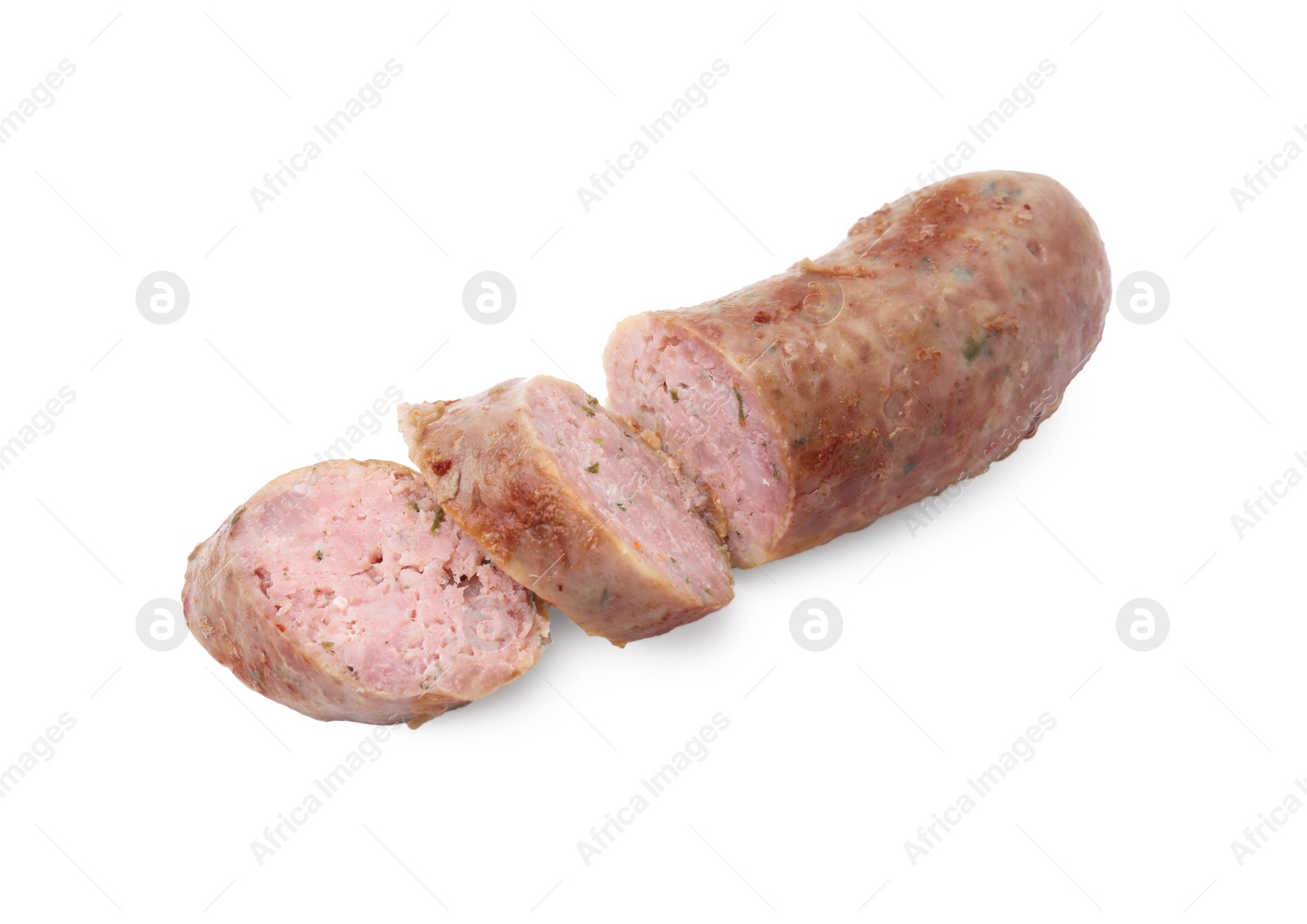 Photo of Tasty cut homemade sausage isolated on white