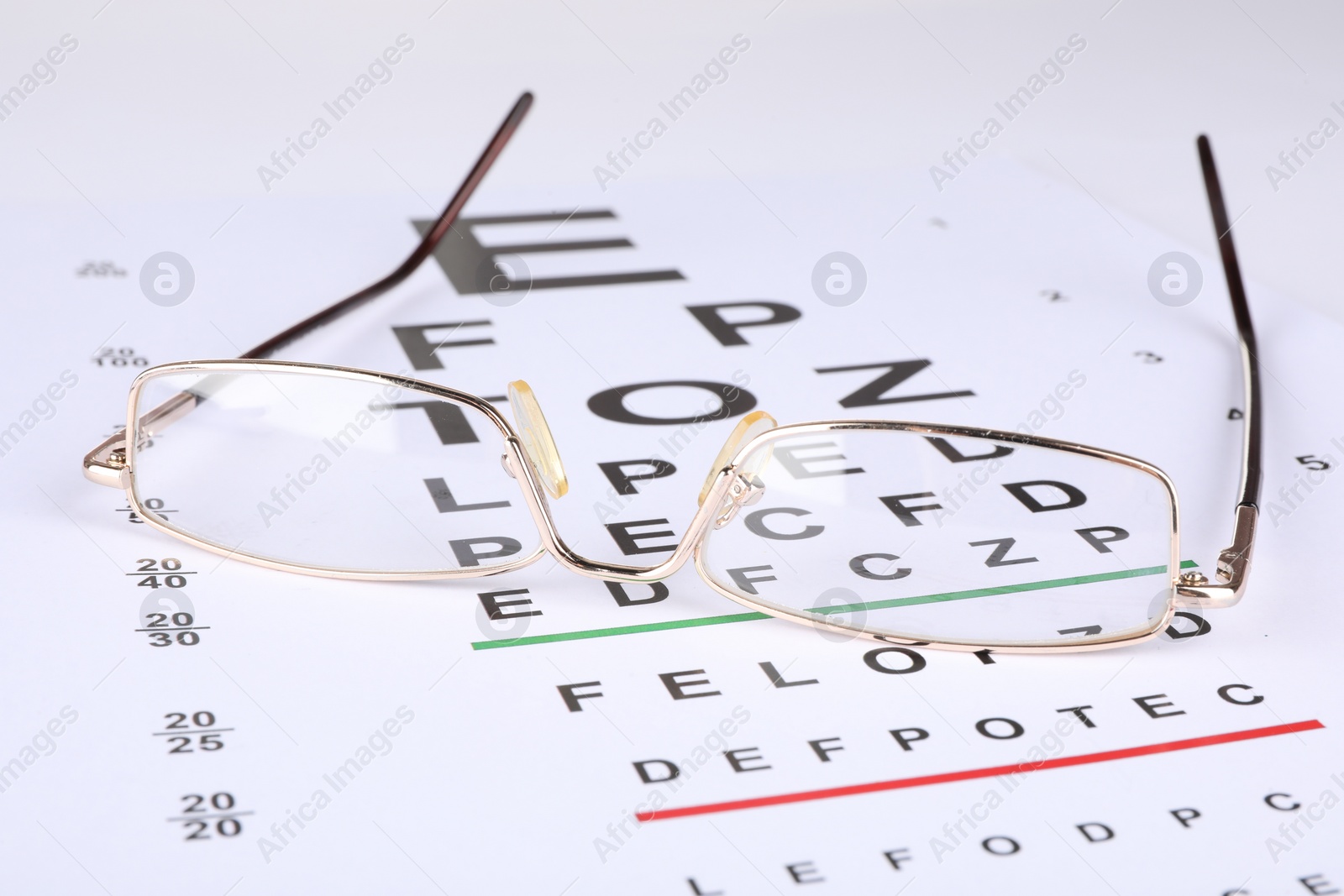 Photo of Glasses on vision test chart, closeup view