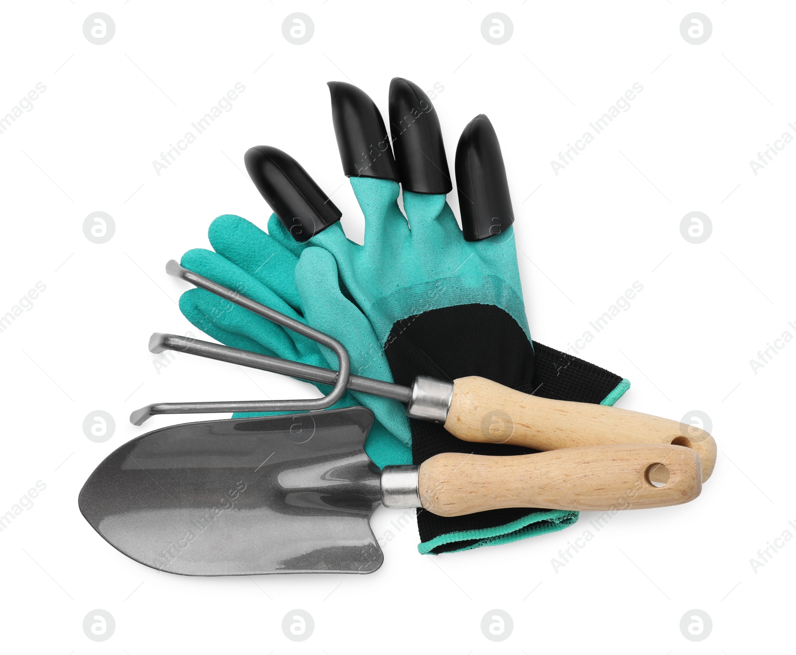 Photo of Claw gardening gloves, trowel and rake isolated on white, top view