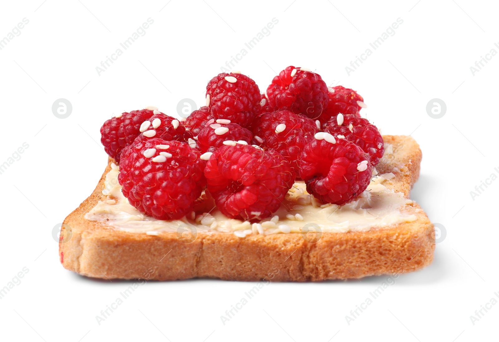 Photo of Delicious toast with butter, raspberries and sesame seeds isolated on white