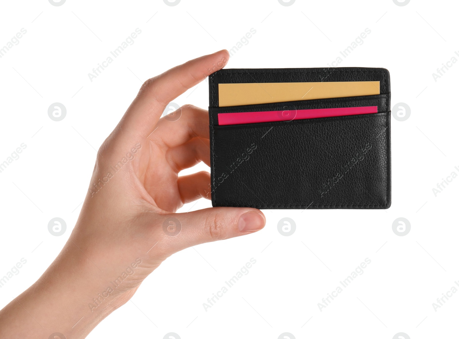 Photo of Woman holding leather business card holder with colorful cards on white background, closeup