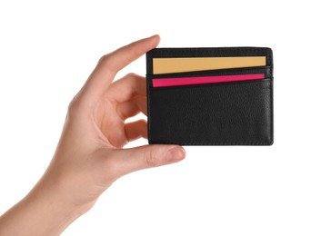 Photo of Woman holding leather business card holder with colorful cards on white background, closeup