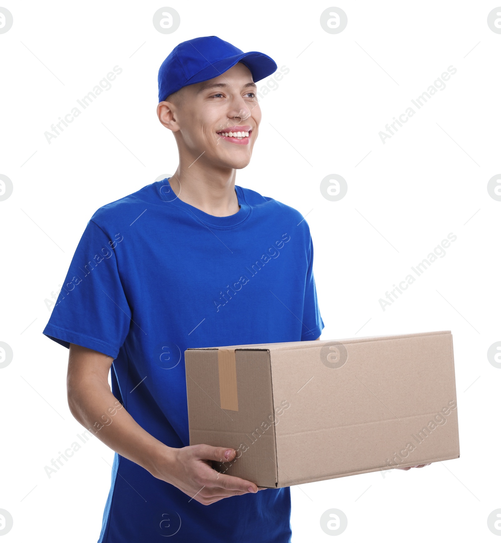 Photo of Happy courier with parcel on white background