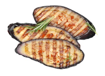Photo of Slices of tasty grilled eggplant and rosemary isolated on white, top view